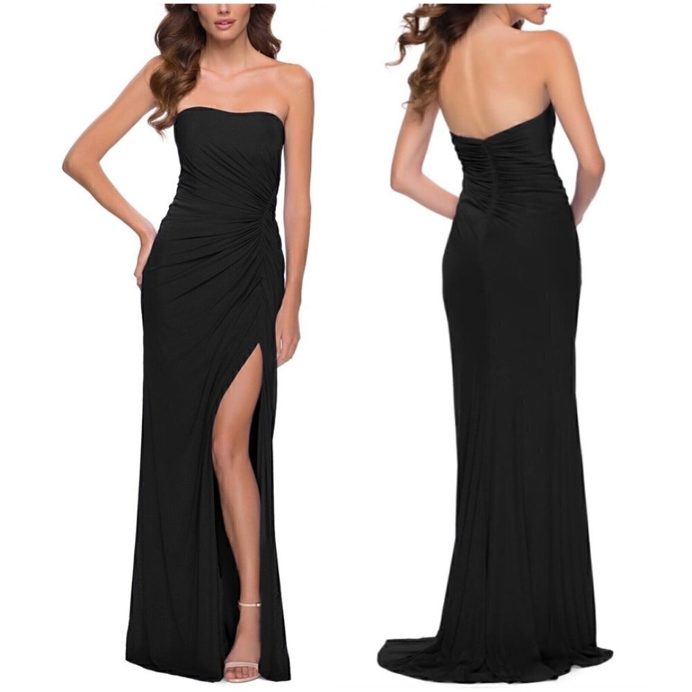LA FEMME Strapless Ruching Across Front Net Jersey Gown in Black Size US 2